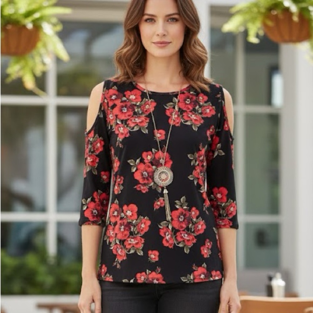 Pinc Off Shoulder Blouses Floral Pattern Print size Large Cold Shoulder Tops